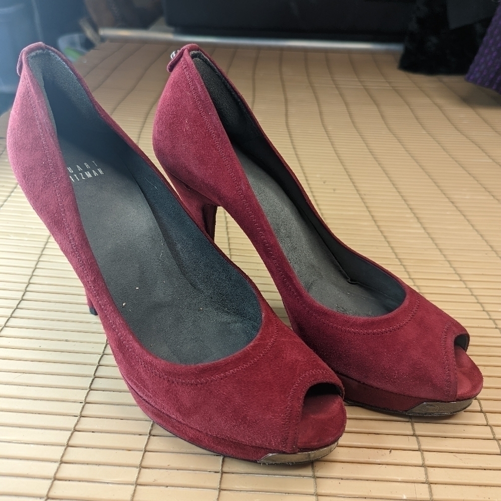 Stuart Weitzman Red Suede Peep Open Toe 5" Heels … - image 3